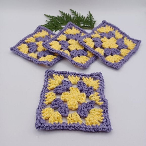 Handcrafted Cotton Coasters - Set of 4 - Purple and Yellow - Picture 3 of 7